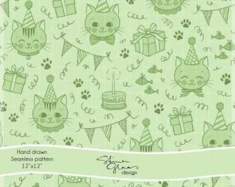 Cat Birthday Party Pattern Kittens Seamless Pattern Surface Digital paper Scrapbook Junk Journal DIY Craft Repeating Pattern Cat Lover Green