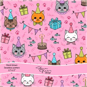 May include: A seamless pattern featuring cute cartoon cats wearing party hats, holding presents, and celebrating with cake and confetti. The background is pink with paw prints and swirls. The pattern is 12 inches by 12 inches.