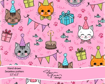 Cat Birthday Party Seamless Pattern Surface Digital paper Scrapbook Junk Journal DIY Craft Repeating Pattern Cat Lover Kittens Pink