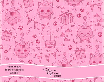 Cat Birthday Party Pattern Kittens Seamless Pattern Surface Digital paper Scrapbook Junk Journal DIY Craft Repeating Pattern Cat Lover Pink
