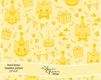 Cat Birthday Party Seamless Pattern Kittens Digital paper Scrapbook Junk Journal DIY Craft Repeating Pattern Cat Lover Yellow