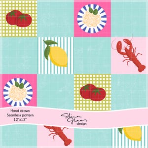 Könnte beinhalten: Handgezeichnetes nahtloses Muster mit Lebensmittelillustrationen. Das Design umfasst Tomaten, Pasta, Zitronen und einen Hummer. Das Muster ist 30,48 cm x 30,48 cm groß und hat ein rosa Banner mit dem Namen des Designers.