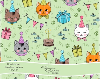 Cat Birthday Party Seamless Pattern Surface Digital paper Scrapbook Junk Journal DIY Craft Repeating Pattern Cat Lover Kittens Green