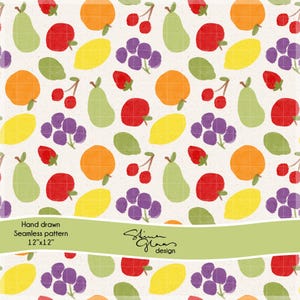 May include: A seamless pattern featuring a variety of fruits and berries, including apples, lemons, oranges, pears, cherries, and blueberries. The fruits are painted in a watercolor style with a textured background.