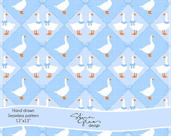 May include: A seamless pattern featuring white geese on a light blue background. Some geese are paired and wearing blue bows. The design includes the text "Hand drawn Seamless pattern 12"x12"" and a signature.