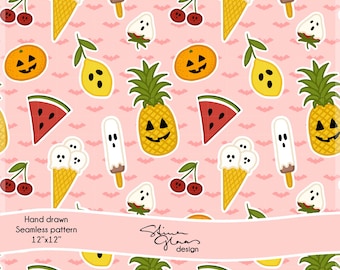 Grazioso motivo di frutta Summerween - Gelato rosa di Halloween e agrumi fantasma senza soluzione di continuità con frutta fragola e limone