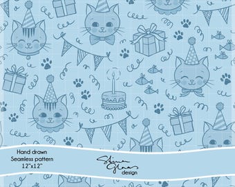 Cat Birthday Party Pattern Kittens Seamless Pattern Surface Digital paper Scrapbook Junk Journal DIY Craft Repeating Pattern Cat Lover Blue