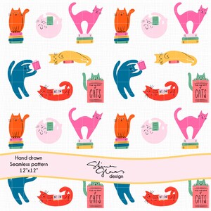 May include: Seamless pattern featuring colorful cartoon cats in various poses. Cats are orange, pink, blue, and yellow. Some cats are standing on books, reading, or lounging. The pattern includes the text "MEOW" and "CATS".