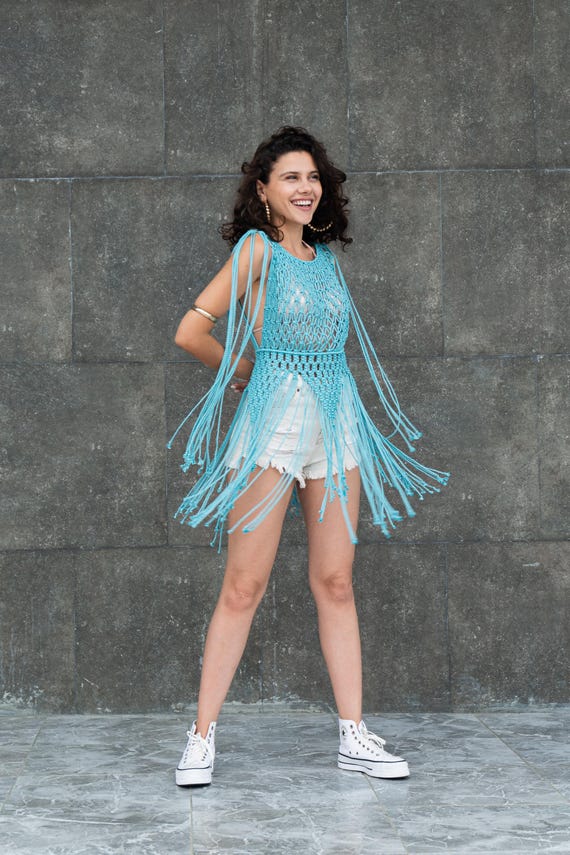 Turquoise Mini Festival Dress : Short Fringe Boho Macrame Party Dress - Etsy
