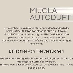 May include: A beige background with the words "MIJOLA AUTODUFT" in a dark font. Below the text are several lines of German text, including "Es ist frei von Tierversuchen."