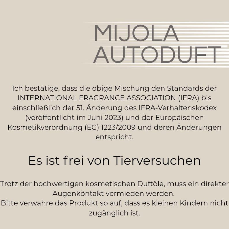 May include: A beige background with the words "MIJOLA AUTODUFT" in a dark font. Below the text are several lines of German text, including "Es ist frei von Tierversuchen."