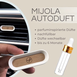 Peut inclure: Un diffuseur de parfum pour voiture blanc et bois avec le texte "MIJOLA AUTODUFT". Le diffuseur est présenté dans une bouche d'aération de voiture et tenu dans une main. Une petite bouteille en verre avec un compte-gouttes est également montrée.