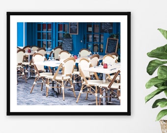 French Cafe Photography, Paris France Cafe Chairs, Blue and White Kitchen Art Decor, Travel Photography Art Print