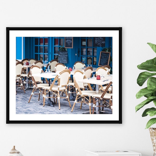 French Cafe Photography, Paris France Cafe Chairs, Blue and White Kitchen Art Decor, Travel Photography Art Print