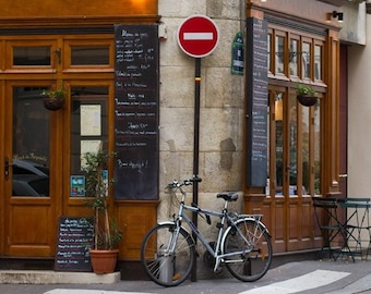 Paris Photography Print, French Cafe Wall Art, Rue de la Colombe Bicycle Photo