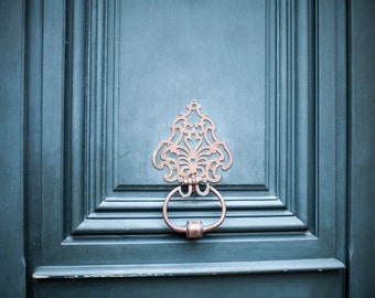 Parisian Blue Door Knocker Photograph, Rustic Minimalist Travel Decor, Paris Door Photography, Paris France Wall Art Poster Print