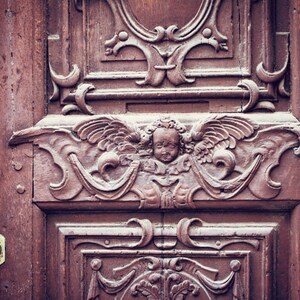 Paris Door Photography Print, Ornamentnate Carved Wood Door Photo, Angel Door Wall Decor, Fine Art Paris Photography Print