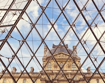 Paris Photography Print, Louvre Pyramid Architecture Travel Photo Art Print, Vertical Minimalist Paris Wall Art Print