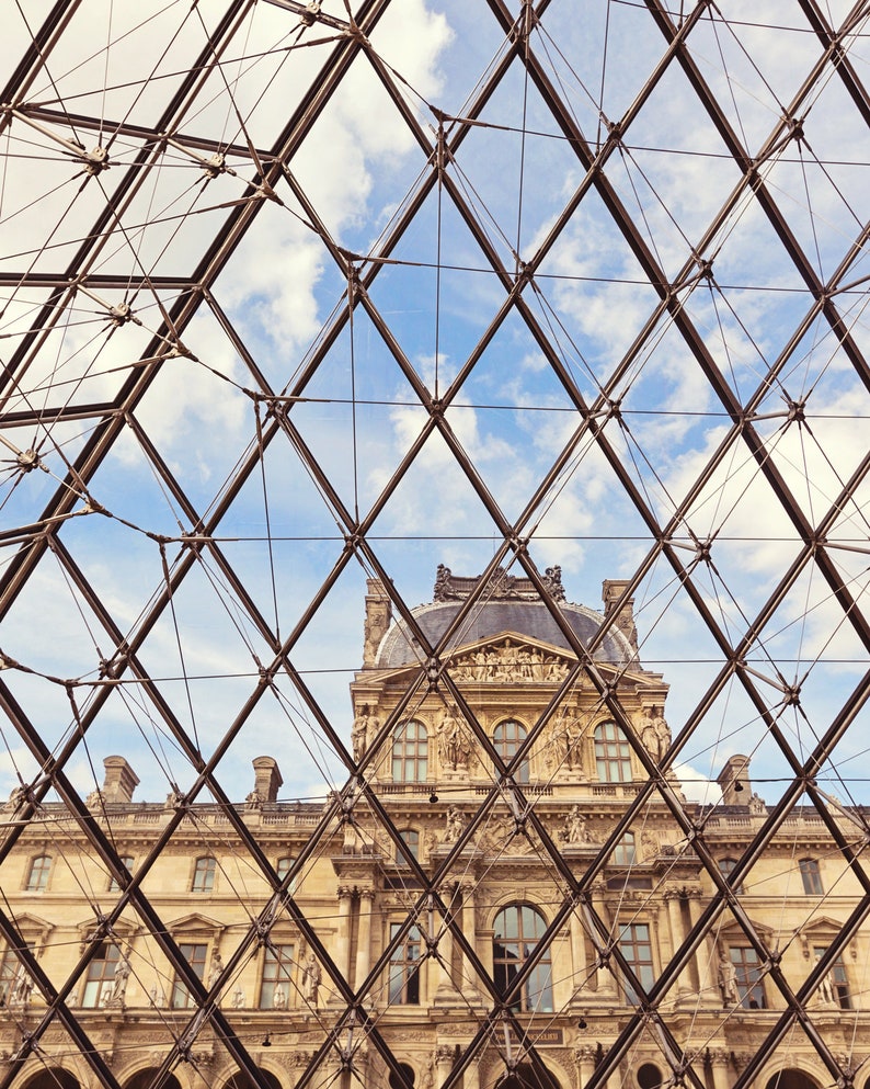 Paris Photography Print, Louvre Pyramid Architecture Travel Photo Art Print, Vertical Minimalist Paris Wall Art Print Color