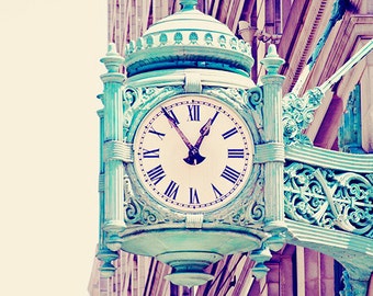 Chicago Photography Print, Mint Green Clock, Classic Chicago Architecture Photo Print, Urban Office Wall Art Decor