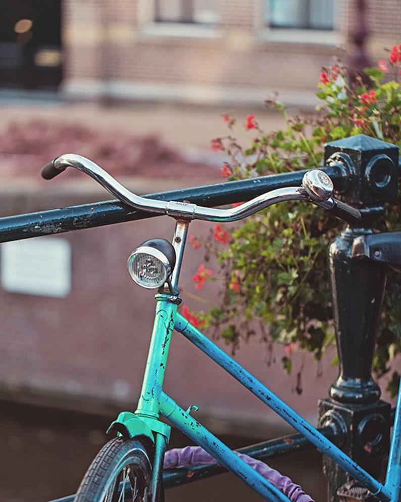 Parked in Amsterdam Bicycle Print, Teal Aqua Bicycle Art Print, Travel Photography, Bike Photograph Art Print image 1