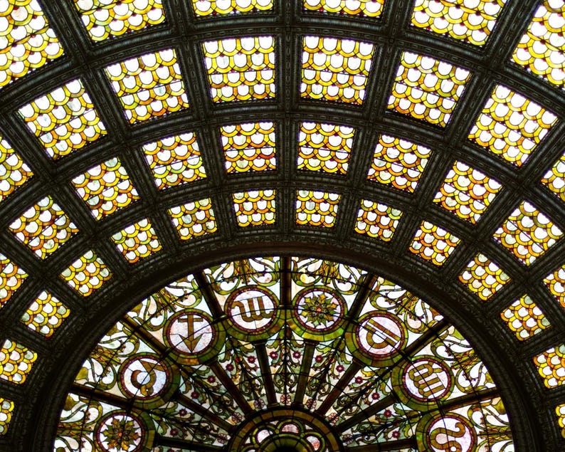 Fotografía de Chicago, Impresión fotográfica de bellas artes con cúpula de vitral Tiffany, Impresión de arquitectura geométrica clásica de Chicago, Arte mural grande imagen 1