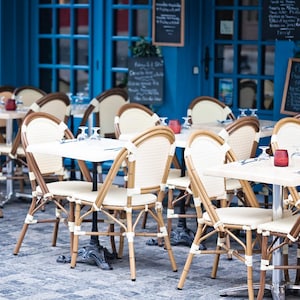 France Cafe Print: Blue French Bistro Chairs, Travel Photography