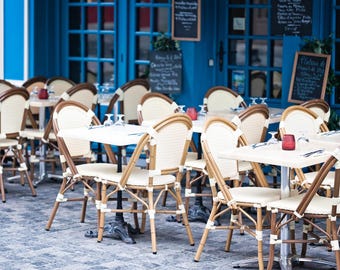 France Cafe Print: Blue French Bistro Chairs, Travel Photography Wall Art Print