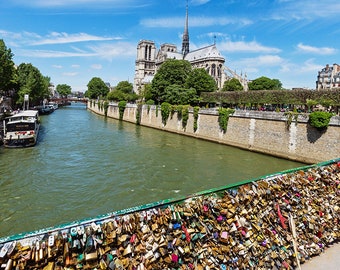 Paris Love Locks Photography Wall Art, Paris Notre Dame Cathedral Art Print, Notre Dame de Paris Wall Decor