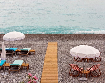 French Riviera Beach Print: Nice France Photography, Beach Umbrellas Wall Art