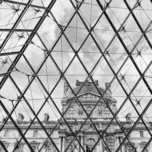 Paris Photography Print, Louvre Pyramid Architecture Travel Photo Art Print, Vertical Minimalist Paris Wall Art Print Black and White