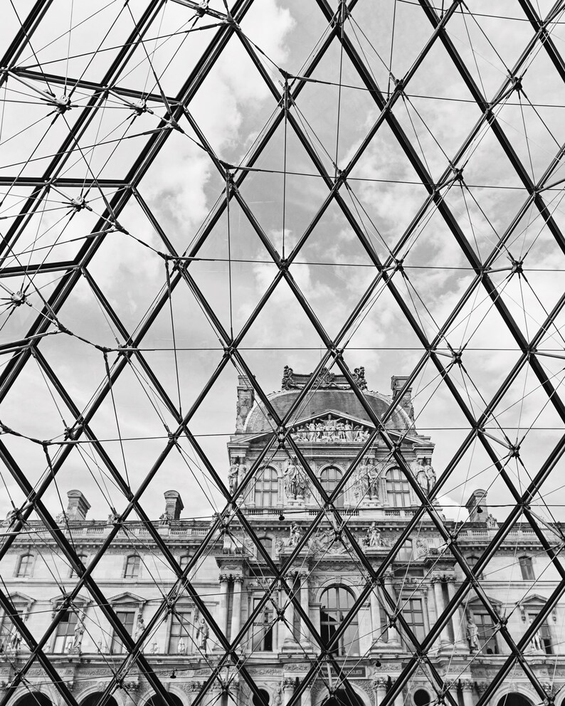 Paris Photography Print, Louvre Pyramid Architecture Travel Photo Art Print, Vertical Minimalist Paris Wall Art Print Black and White