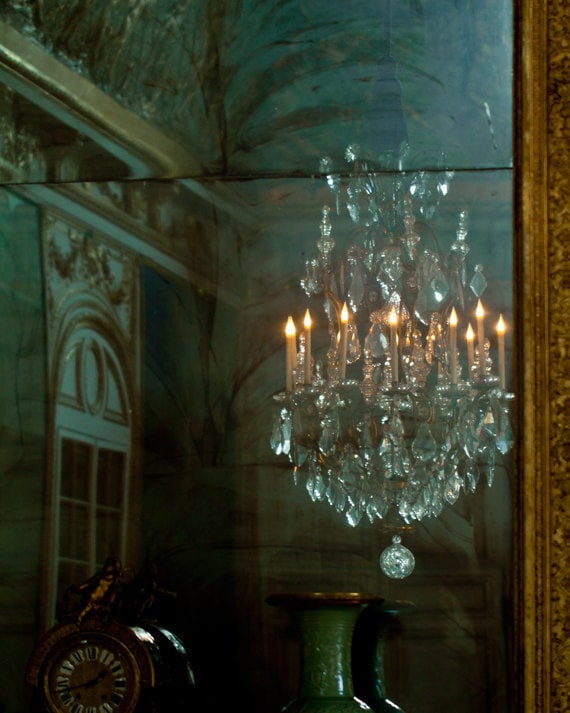 Paris France Chandelier Photography Print, Glam Chandelier French Wall Decor, Versailles Mirror Reflections