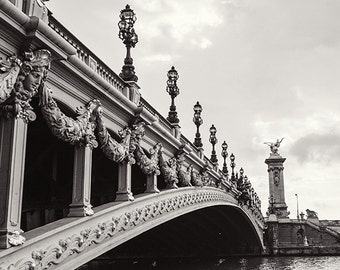 Paris Black and White Photography Print Parisian Art Nouveau Bridge Giftable Travel Wall Art Decor Pont Alexandre III Photo Poster Print
