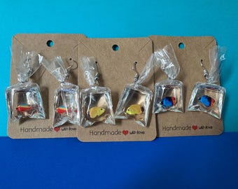 Mini Fish in a Bag Earrings, Funny Novelty Carnival Fish