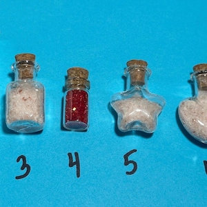 Mini glass jar shapes fairy garden, dollhouse, Apothecary,mini terrarium. Fill w/ your favorite thing. Fun and quirky mini glass jars w/cork