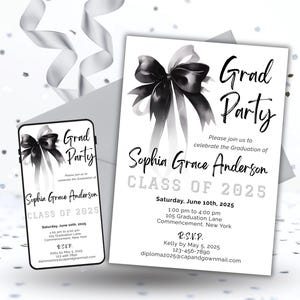 Graduation Party Invitation, Black Bow Grad Party Invite, Graduation Announcement, Class of 2025 High School University College Minimalist