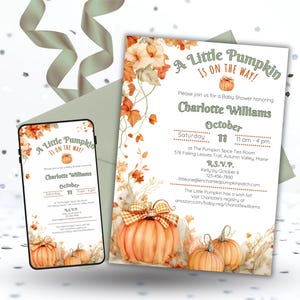 A Little Pumpkin Baby Shower Invitation, Baby on the Way Autumn Leaves Invite, Fall Editable Canva Template for Boy or Girl, Digital Evite