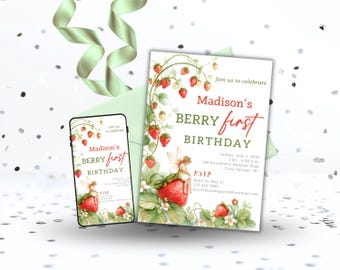 Berry First Birthday Invitation, Strawberry 1st Party for Girl, Editable Instant Download Printable Card Invite, Digital Template Canva