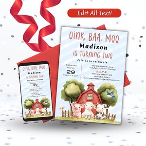 Convite de Aniversário de 2 Anos da Fazenda Oink Baa Moo, Convite Digital para Festa de Aniversário de 2 Anos com Tema de Vaca, Cordeiro e Porco, Convite Imprimível, Download Digital