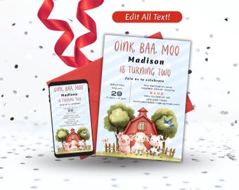 Oink Baa Moo Farm 2nd Birthday Invitation, Farm Second Birthday Evite, Cow, Lamb, Pig Birthday Party, Printable Invitation, Digital Download