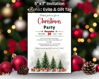 May include: A 5" x 7" Christmas party invitation card featuring red and green text, a watercolor illustration of four decorated pine trees with gift boxes at the base, and event details including the date, time, address, and contact information.