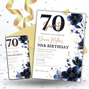 70. Geburtstagseinladung, elegante Marine und Goldblumen einladen für Frauen druckbare Geburtstagsvorlage, bearbeitbare Canva digitale Einladung und Evite