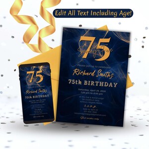 75th Birthday Invitation, Elegant Navy and Gold Invite, Men or Women Printable Birthday Template, Editable Canva Digital Invite and Evite