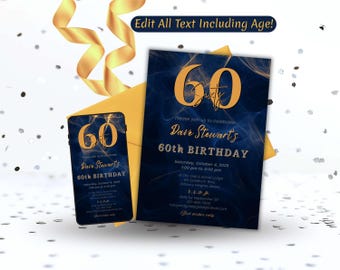 60th Birthday Invitation, Elegant Navy and Gold Invite, Men or Women Printable Birthday Template, Editable Canva Digital Invite and Evite