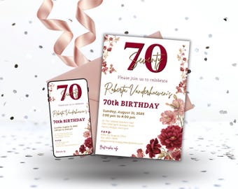 70th Birthday Invitation, Maroon Burgundy and Gold Floral Invite for Women, Printable Birthday Template, Editable Canva Invite and Evite