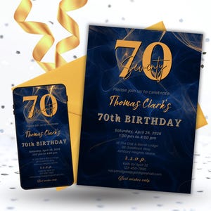 Invitación de cumpleaños número 70, elegante invitación azul marino y dorada, plantilla de cumpleaños imprimible para hombre o mujer, invitación digital editable de Canva y Evite