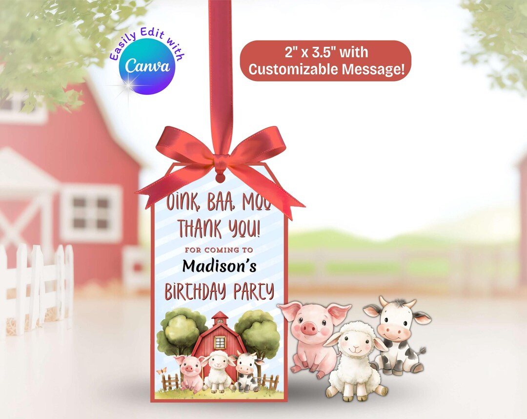 Farm Birthday Thank You Tag, Oink Baa Moo Barnyard Animals Party Favor ...