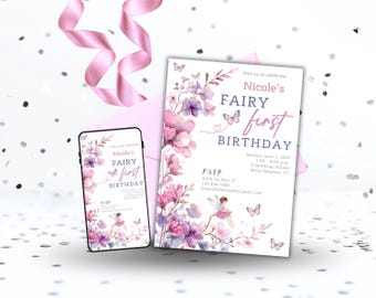 Fairy First Birthday Invitation Template, 1st Birthday Invite, Whimsical Wildflower First Birthday Girl, Printable Fairy Party Canva, Evite
