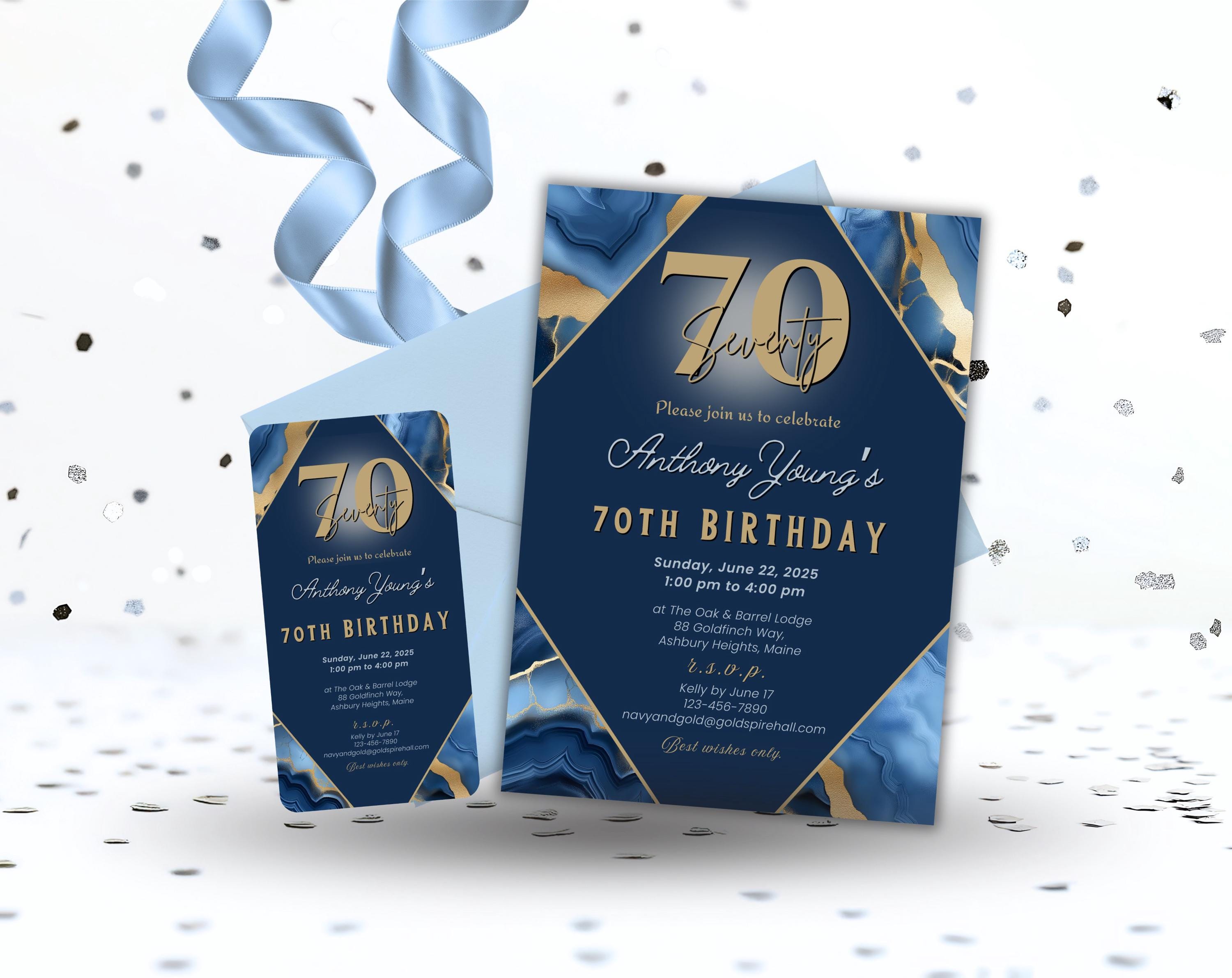 70th Birthday Invitation, Navy and Gold Agate Invite, Men or Women
